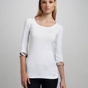 New Burberry white scoop neck top with classic pattern sleeve size S